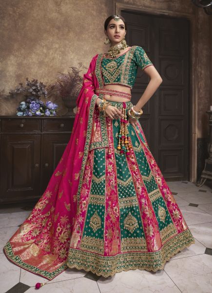 Teal Green Magenta Banarasi Silk Handwork Wedding-Wear Bridal Lehenga Choli