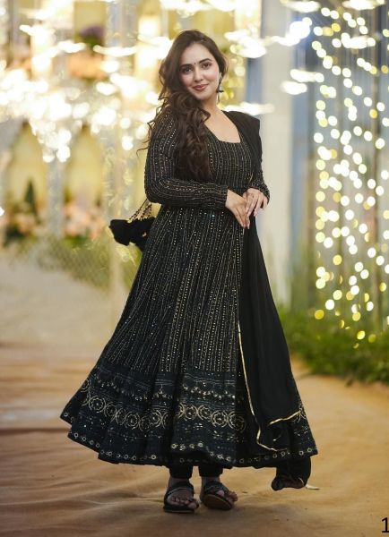 Black Faux Georgette Sequins-Work Party-Wear Readymade Gown With Dupatta