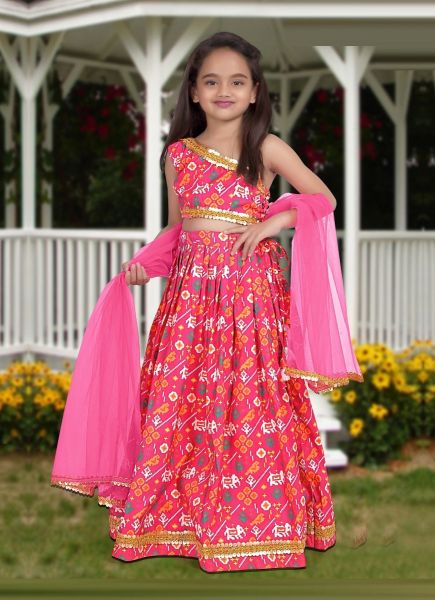 Warm Pink Silk Digital Printed Party-Wear Readymade Kids Lehenga Choli