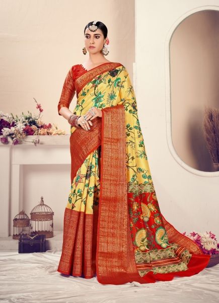 Yellow & Dark Orange Floral Printed Silk Saree With Jacquard Border