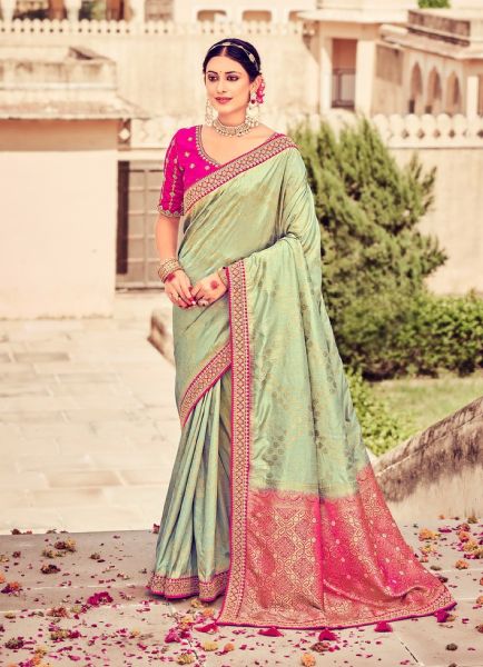 Mint Green Dola Silk Embroidered Saree For Traditional / Religious Occasions