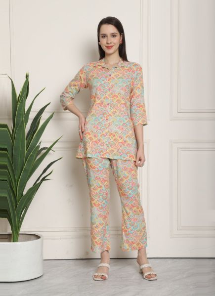 Multicolor Rayon Cotton Digitally Printed Resort-Wear Readymade Co-Ord Set