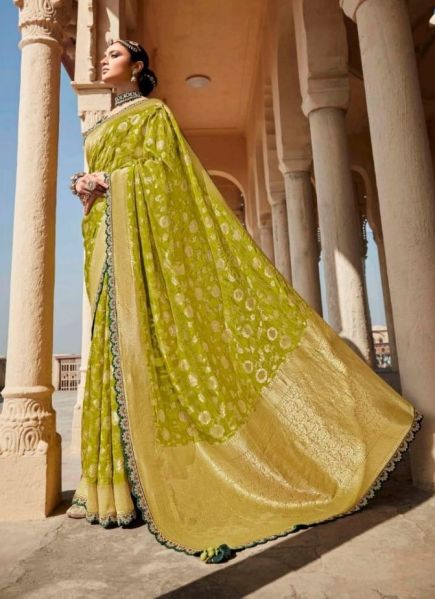 Light Olive Green Silk Embroidery Wedding-Wear Saree