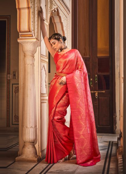 Red Woven Banarasi Silk Saree For Traditional / Religious Occasions