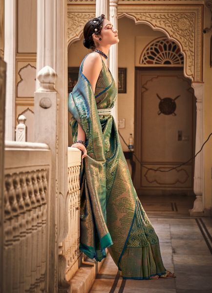 Teal Green Woven Banarasi Silk Saree For Traditional / Religious Occasions