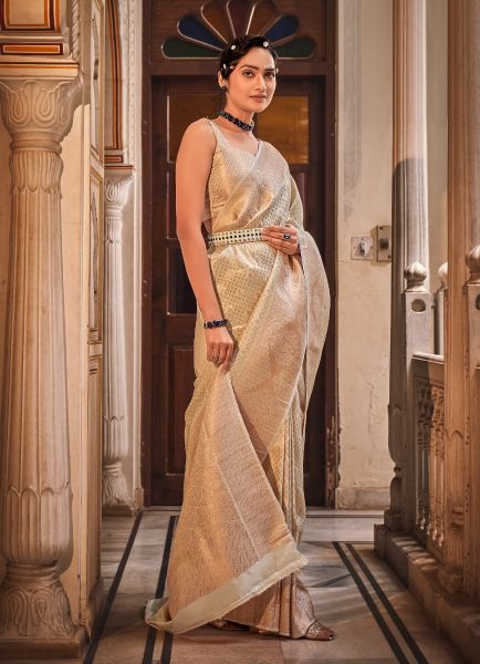 Beige Woven Banarasi Silk Saree For Traditional / Religious Occasions