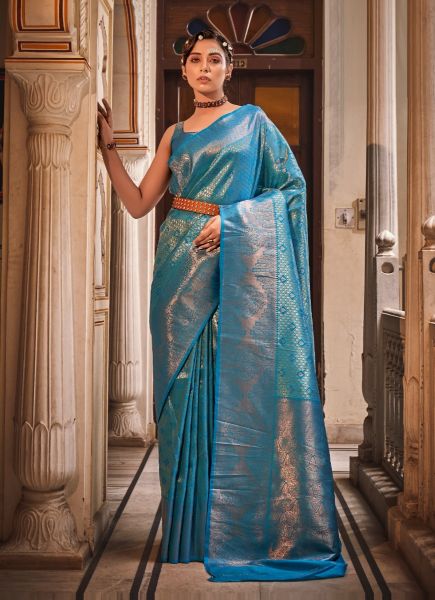 Sky Blue Woven Banarasi Silk Saree For Traditional / Religious Occasions