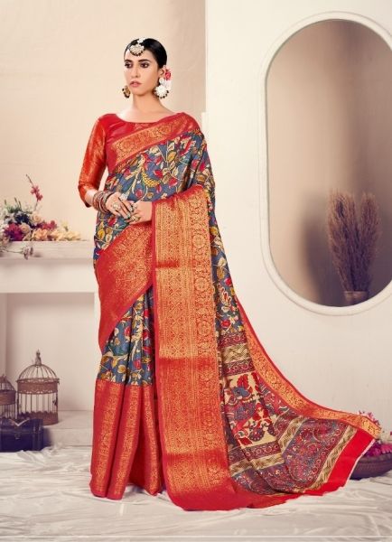 Blue Gray & Red Floral Printed Silk Saree With Jacquard Border