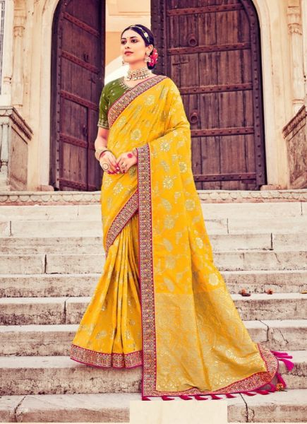Yellow Dola Silk Embroidered Saree For Traditional / Religious Occasions