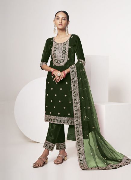 Dark Green Velvet Embroidered Salwar Kameez For Traditional / Religious Occasions