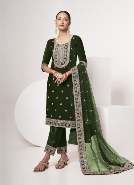Dark Green Velvet Embroidered Winter-Wear Readymade Salwar Kameez