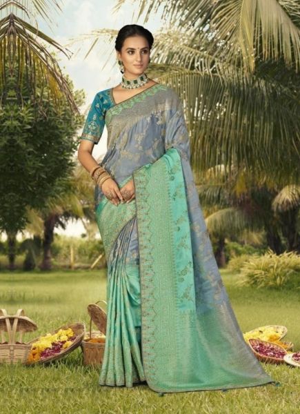 Gray & Mint Green Weaving & Gota-Patti Work Wedding-Wear Silk Embroidery Saree