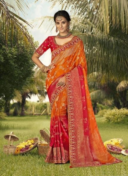 Orange & Red Weaving & Gota-Patti Work Wedding-Wear Silk Embroidery Saree