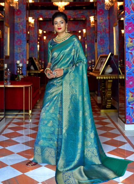 Aqua Blue Woven Banarasi Silk Saree For Traditional / Religious Occasions