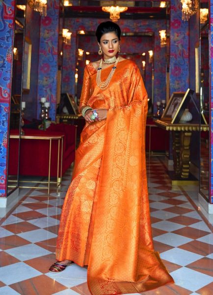 Dark Orange Woven Banarasi Silk Saree For Traditional / Religious Occasions