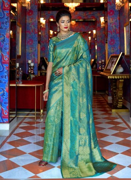 Teal Blue Woven Banarasi Silk Saree For Traditional / Religious Occasions