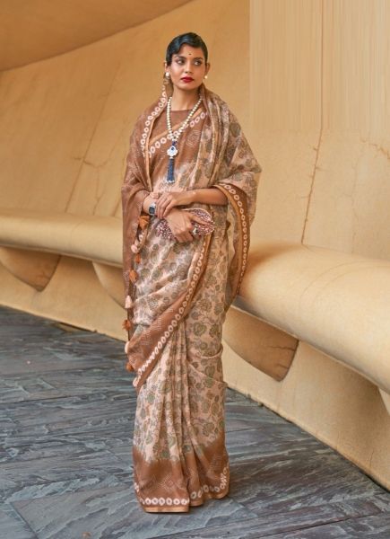 Light Brown Cotton Printed Summer Special Saree
