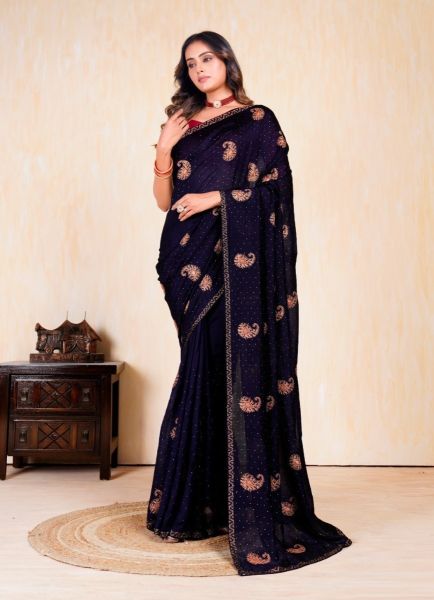 Navy Blue Vichitra Silk Blooming Embroidered Festive-Wear Saree