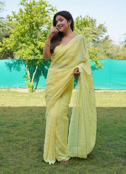 Light Yellow Georgette Party-Wear Sequins-Work Saree