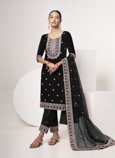 Black Velvet Embroidered Winter-Wear Readymade Salwar Kameez