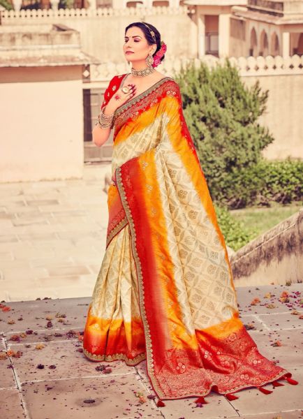 Multicolor Dola Silk Embroidered Saree For Traditional / Religious Occasions