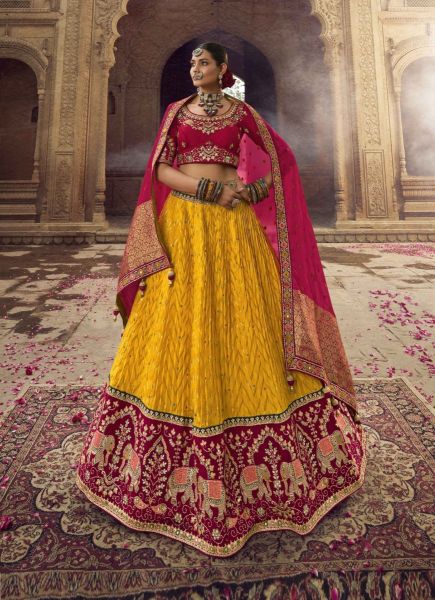 Mustard Yellow Viscose Embroidered Wedding-Wear Lehenga Choli