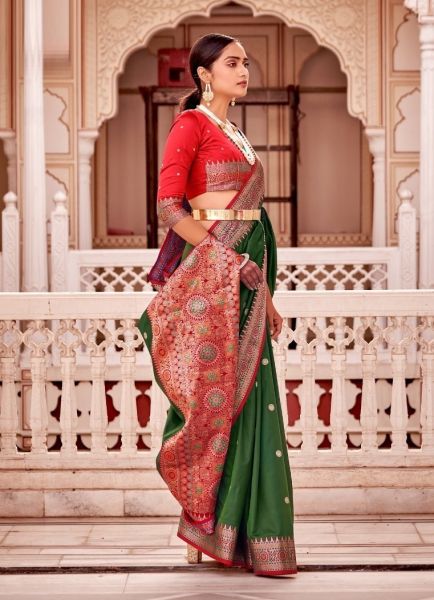 Olive Green Banarasi Silk Weaving Festive-Wear Saree