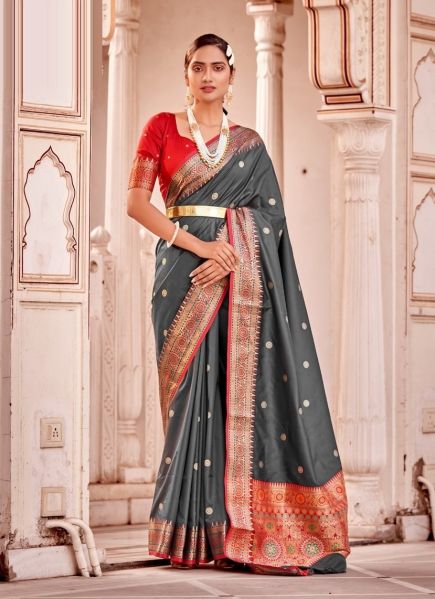 Gray Banarasi Silk Weaving Festive-Wear Saree