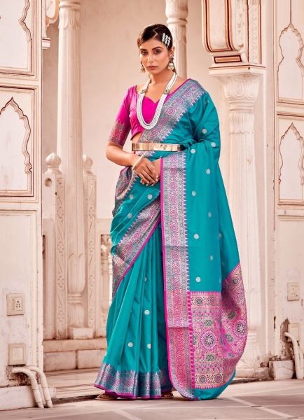 Sky Blue Banarasi Silk Weaving Festive-Wear Saree