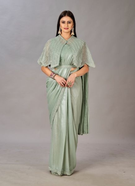 Light Sage Green Silk Georgette Handwork Wedding-Wear Ready-To-Wear Saree