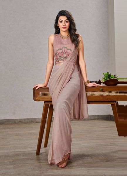Dusty Pink Silk Georgette Handwork Wedding-Wear Ready-To-Wear Saree