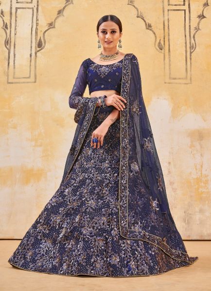 Dark Blue Net Zari Sequins & Embroidery Work Party-Wear Lehenga Choli
