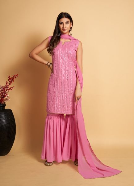 Pink Georgette Sequins-Work Gharara-Bottom Readymade Salwar Kameez