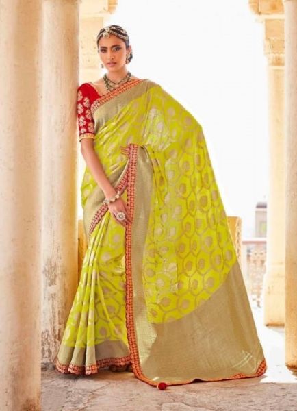 Lime Yellow Silk Embroidery Wedding-Wear Saree