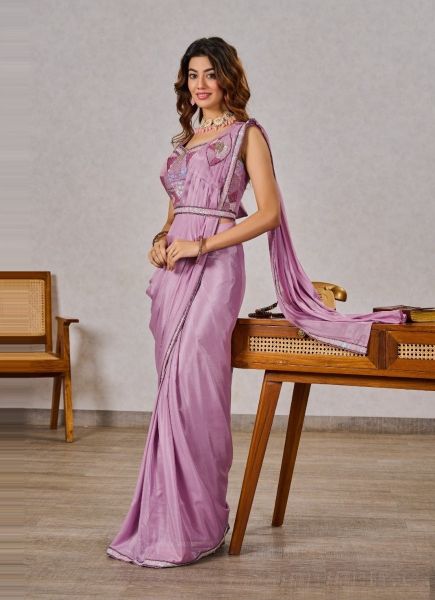 Light Purple Silk Georgette Handwork Wedding-Wear Ready-To-Wear Saree
