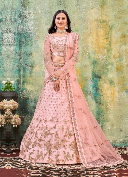 Light Pink Net Zari Sequins & Embroidery Work Party-Wear Lehenga Choli