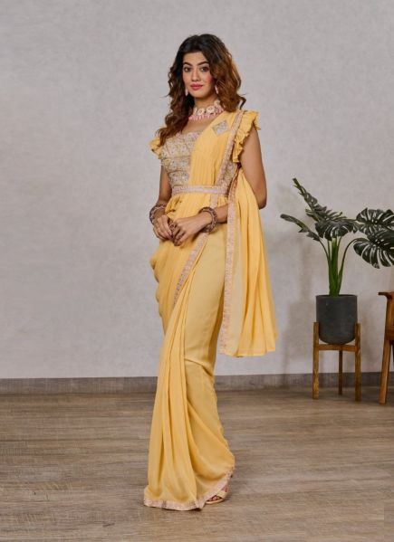 Light Mustard Yellow Silk Georgette Handwork Wedding-Wear Ready-To-Wear Saree