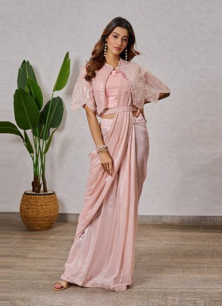 Dusty Pink Silk Georgette Handwork Wedding-Wear Ready-To-Wear Saree