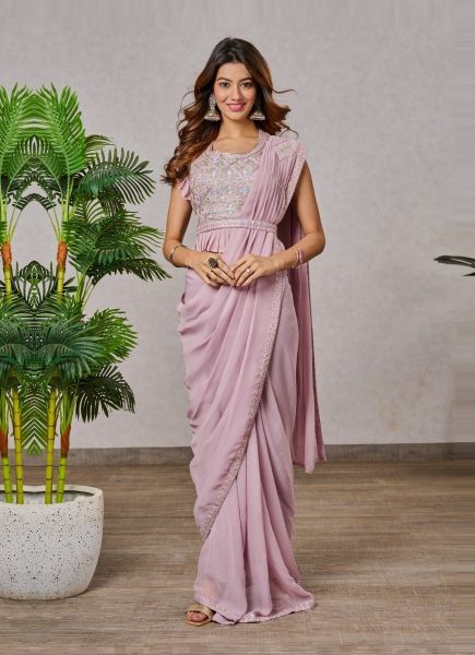 Pink Silk Georgette Handwork Wedding-Wear Ready-To-Wear Saree