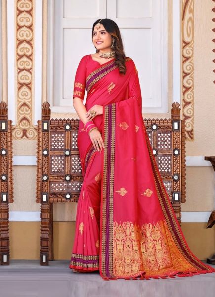 Pink Red Woven Silk Pattu (Temple-Border) Saree For Traditional / Religious Occasions