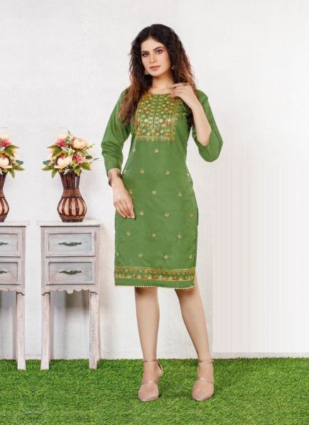 Light Green Chanderi Silk Embroidered Festive-Wear Readymade Kurti