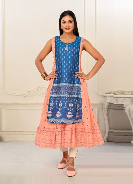 Royal Blue & Salmon Cotton Printed Party-Wear Readymade Anarkali Kurti [With Chanderi Shrug]