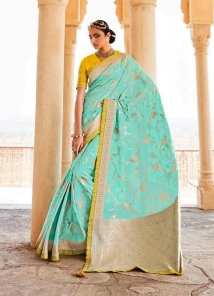 Aqua Silk Embroidery Wedding-Wear Saree