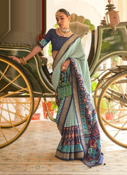 Blue & Mint Green Patola Silk Weaving Party-Wear Saree