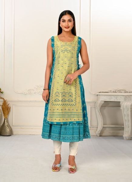 Pista Green & Aqua Cotton Printed Party-Wear Readymade Anarkali Kurti [With Chanderi Shrug]
