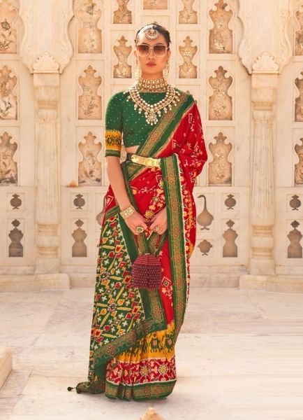 Red & Green Dola Patola Silk Weaving Party-Wear Saree