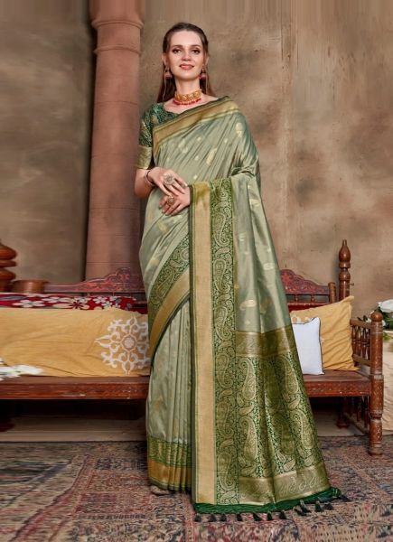 Light Sage Green Woven Soft Silk Saree For Traditional / Religious Occasions