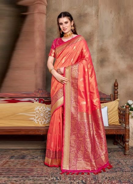 Salmon Woven Soft Silk Saree For Traditional / Religious Occasions
