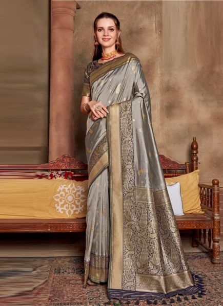 Silver Gray Woven Soft Silk Saree For Traditional / Religious Occasions
