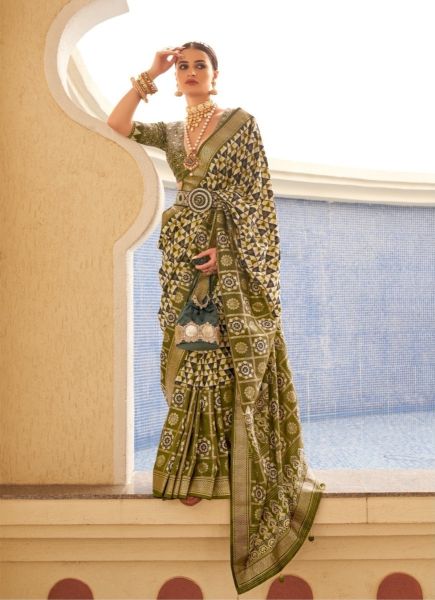 Olive Green Soft Silk Printed Saree For Traditional / Religious Occasions